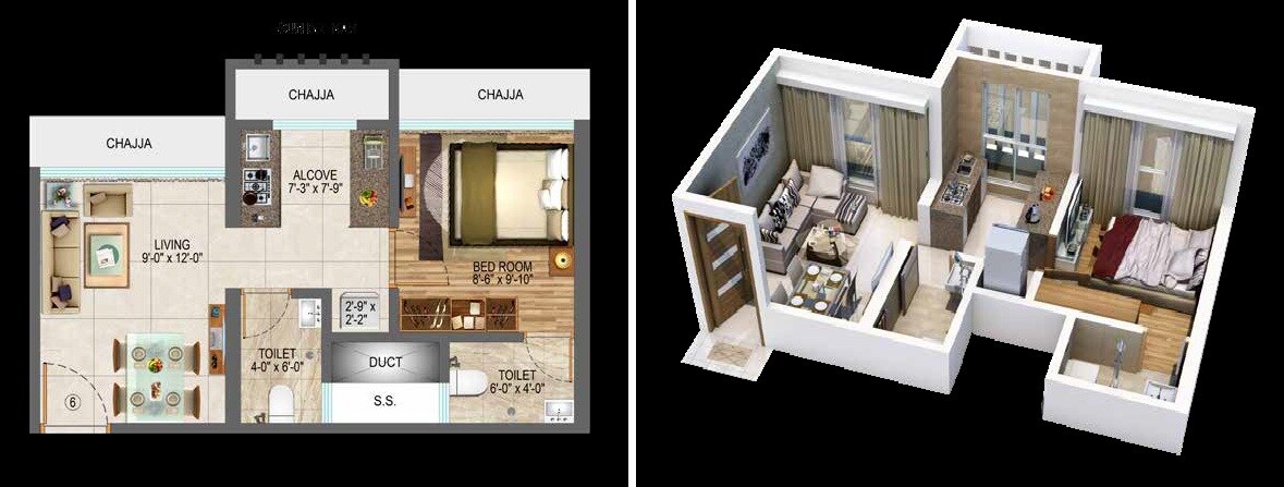 Floor plan of 1 BHK 320 Sq. Ft. Apartment in Dotom Domain, Mumbai