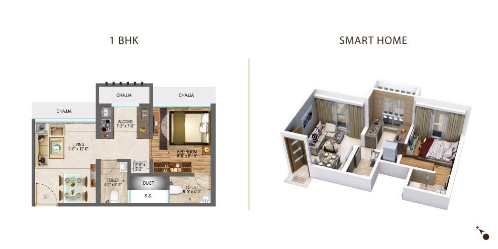 Floor plan of 1 BHK 326 Sq. Ft. Apartment in Dotom Domain, Mumbai