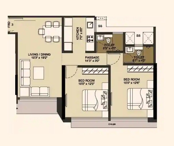 Floor plan of 2 BHK 625 Sq. Ft. Apartment in Dotom Hilton, Mumbai