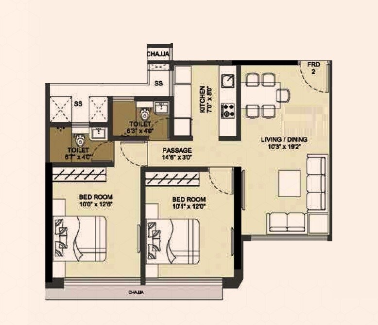 Floor plan of 2 BHK 681 Sq. Ft. Apartment in Dotom Hilton, Mumbai