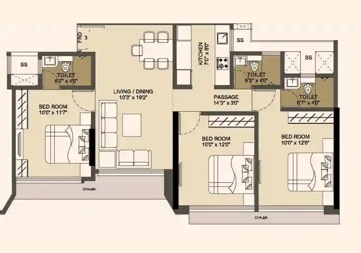 Floor plan of 3 BHK 780 Sq. Ft. Apartment in Dotom Hilton, Mumbai