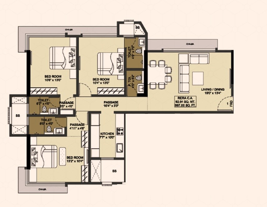 Floor plan of 3 BHK 997 Sq. Ft. Apartment in Dotom Hilton, Mumbai
