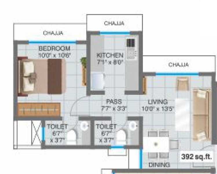 Floor plan of 1 BHK 390 Sq. Ft. Apartment in DP Star, Mumbai