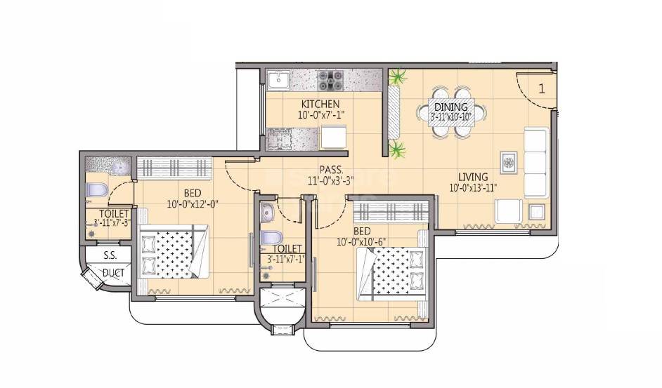 Floor plan of 2 BHK 589 Sq. Ft. Apartment in DP Star, Mumbai
