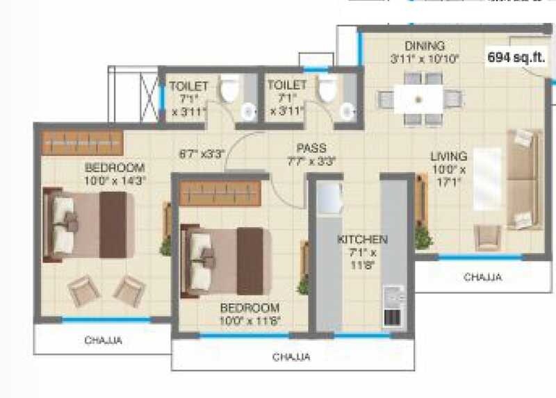 Floor plan of 2 BHK 694 Sq. Ft. Apartment in DP Star, Mumbai