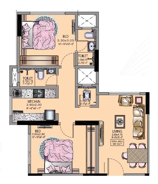 Floor plan of 2 BHK 580 Sq. Ft. Apartment in DP Trimbac, Mumbai