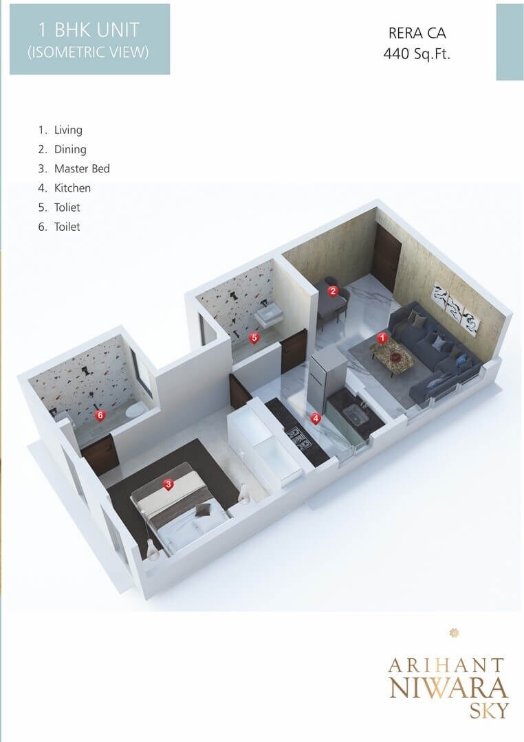 Floor plan of 1 BHK 440 Sq. Ft. Apartment in Dream Arihant Niwara Sky, Mumbai