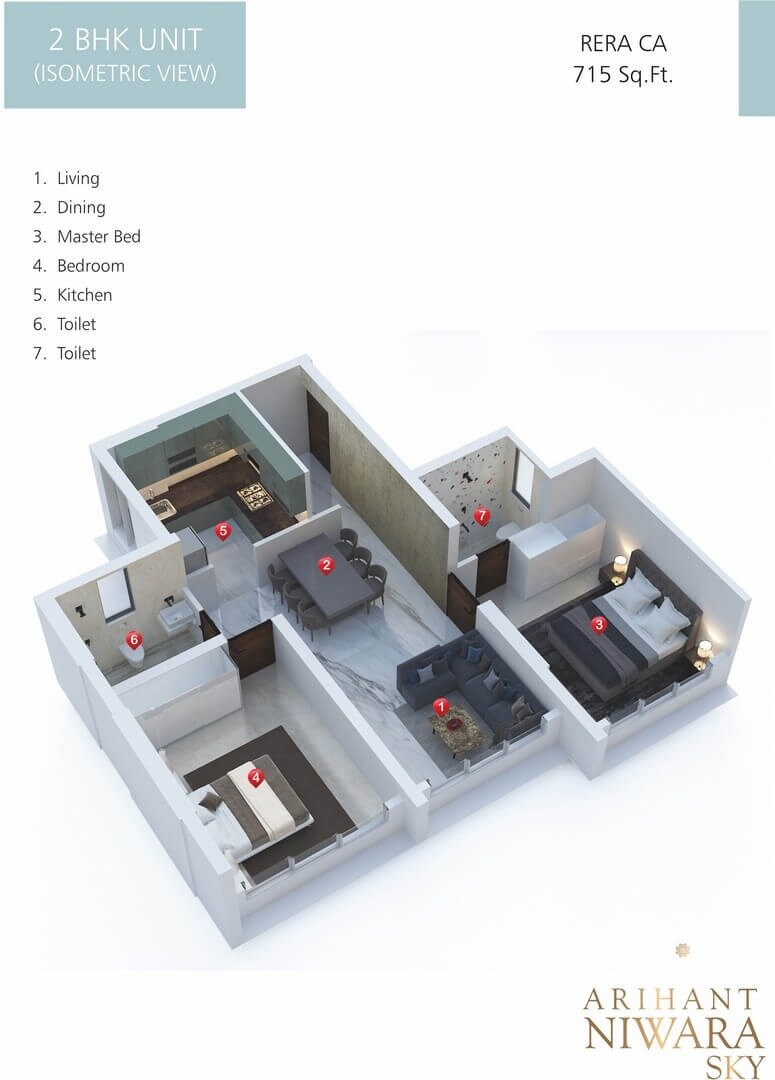 Floor plan of 2 BHK 650 Sq. Ft. Apartment in Dream Arihant Niwara Sky, Mumbai