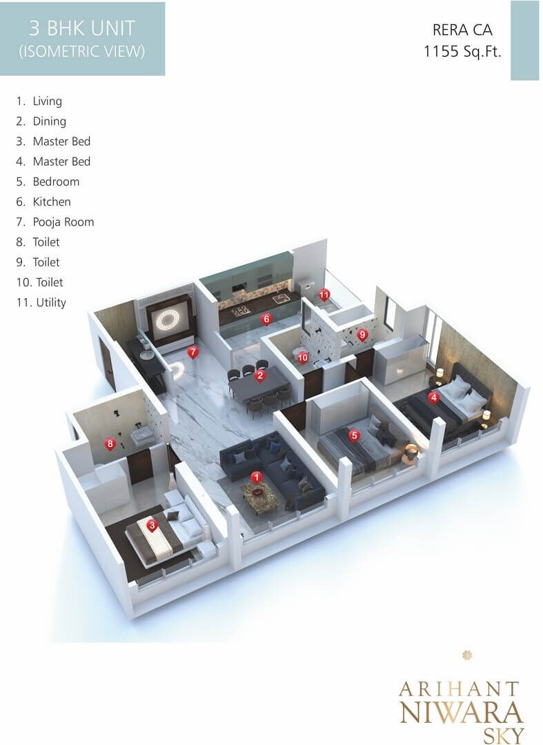 Floor plan of 3 BHK 1000 Sq. Ft. Apartment in Dream Arihant Niwara Sky, Mumbai