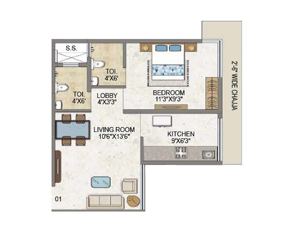 Floor plan of 1 BHK 404 Sq. Ft. Apartment in Dream Olympia, Mumbai