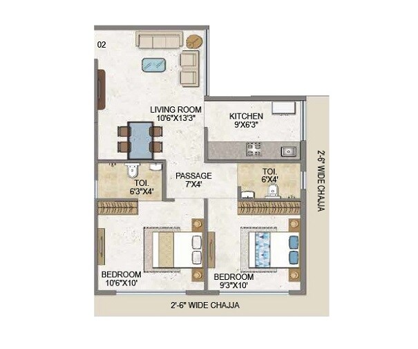 Floor plan of 2 BHK 505 Sq. Ft. Apartment in Dream Olympia, Mumbai