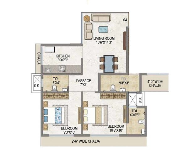 Floor plan of 2 BHK 635 Sq. Ft. Apartment in Dream Olympia, Mumbai
