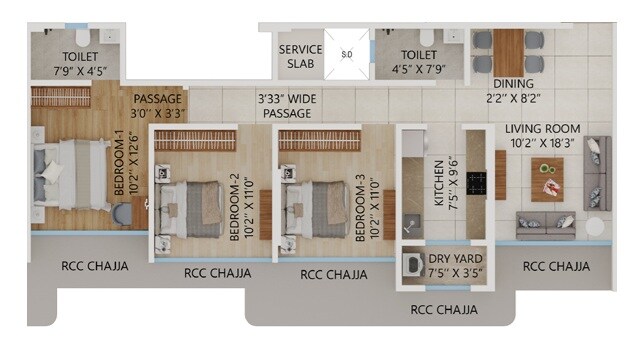 3 BHK 860 Sq. Ft. Apartment