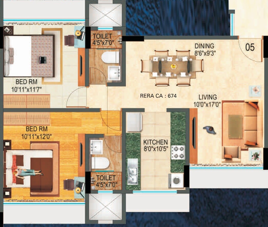 Floor plan of 2 BHK 674 Sq. Ft. Apartment in Dreamax Heights, Mumbai