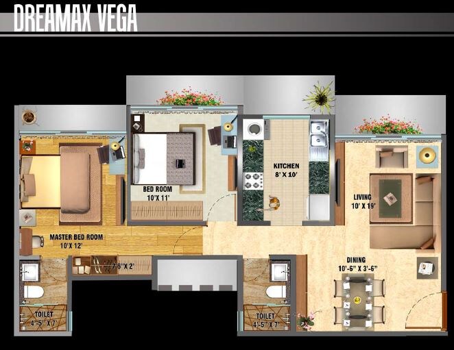 Floor plan of 2 BHK 677 Sq. Ft. Apartment in Dreamax Vega, Mumbai