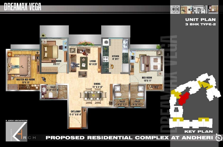 Floor plan of 3 BHK 890 Sq. Ft. Apartment in Dreamax Vega, Mumbai
