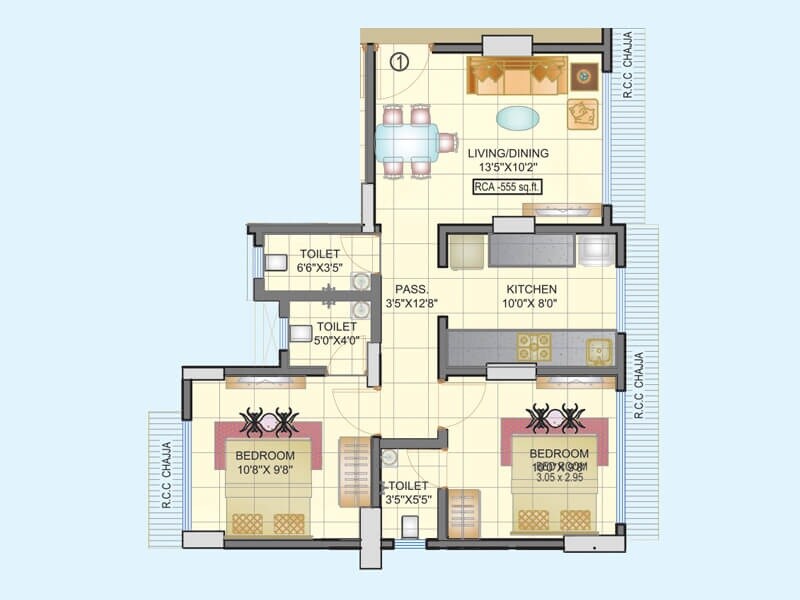 Floor plan of 2 BHK 634 Sq. Ft. Apartment in Drishti Homes, Mumbai