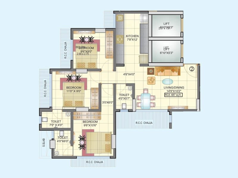 Floor plan of 3 BHK 687 Sq. Ft. Apartment in Drishti Homes, Mumbai