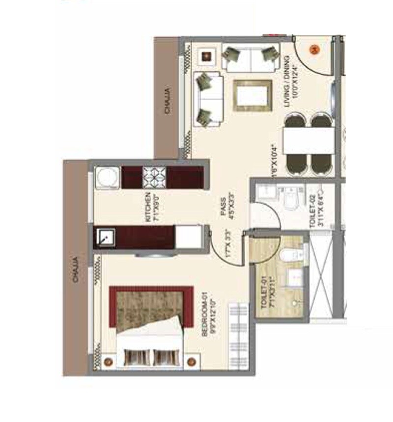 Floor plan of 1 BHK 462 Sq. Ft. Apartment in Drushti Group Embassy, Mumbai