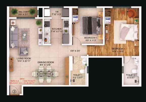Floor plan of 2 BHK 840 Sq. Ft. Apartment in DSD Aura, Mumbai