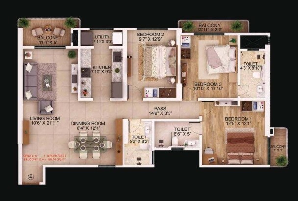Floor plan of 3 BHK 1106 Sq. Ft. Apartment in DSD Aura, Mumbai