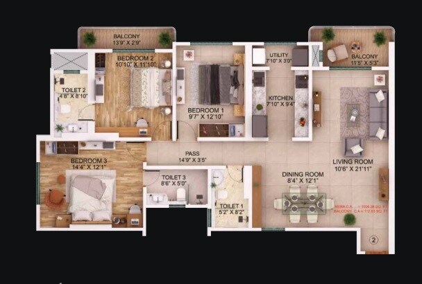 Floor plan of 3 BHK 1167 Sq. Ft. Apartment in DSD Aura, Mumbai