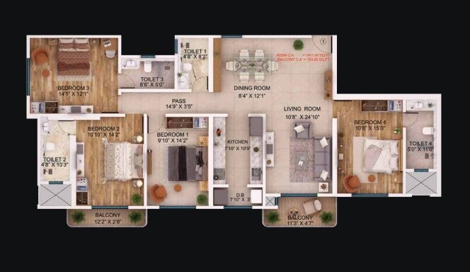 Floor plan of 4 BHK 1766 Sq. Ft. Apartment in DSD Aura, Mumbai