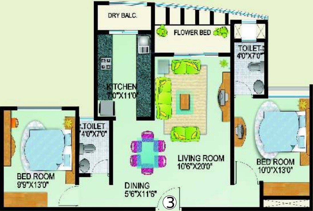 Floor plan of 2 BHK 1056 Sq. Ft. Apartment in DSK Madhuban, Mumbai