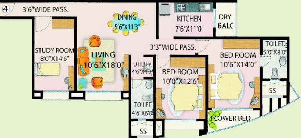 Floor plan of 2 BHK 1366 Sq. Ft. Apartment in DSK Madhuban, Mumbai
