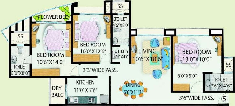 Floor plan of 3 BHK 1491 Sq. Ft. Apartment in DSK Madhuban, Mumbai