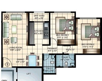 Floor plan of 2 BHK 1100 Sq. Ft. Apartment in Dss Damji Vasant Apartment, Mumbai