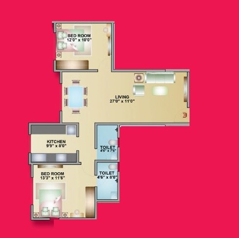 Floor plan of 2 BHK 697 Sq. Ft. Apartment in DSS Mahavir Aria, Mumbai