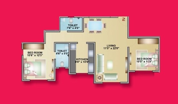 Floor plan of 2 BHK 753 Sq. Ft. Apartment in DSS Mahavir Aria, Mumbai