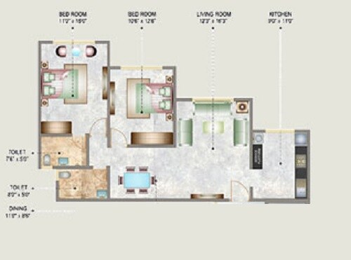 Floor plan of 2 BHK 802 Sq. Ft. Apartment in DSS Mahavir Galaxy, Mumbai