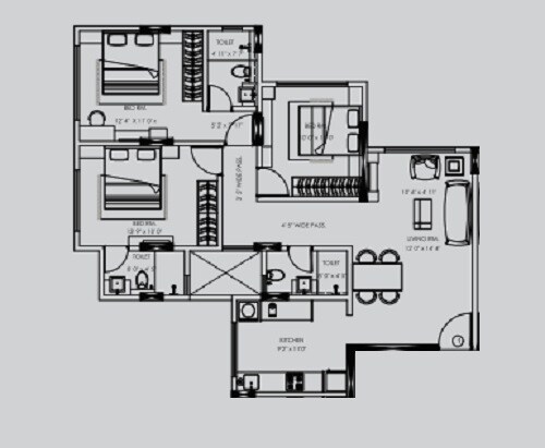 Floor plan of 3 BHK 1130 Sq. Ft. Apartment in DSS Mahavir Galaxy, Mumbai