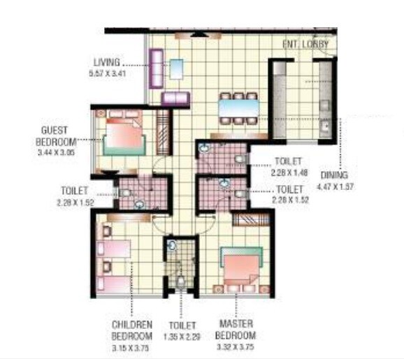 Floor plan of 3 BHK 1012 Sq. Ft. Apartment in DSS Mahavir Universe Phoenix Phase II, Mumbai