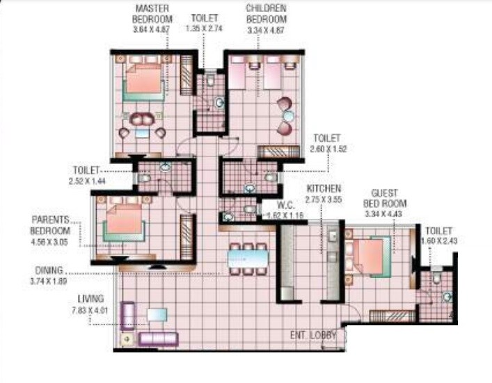 Floor plan of 4 BHK 1495 Sq. Ft. Apartment in Dss Mahavir Universephoeenix, Mumbai