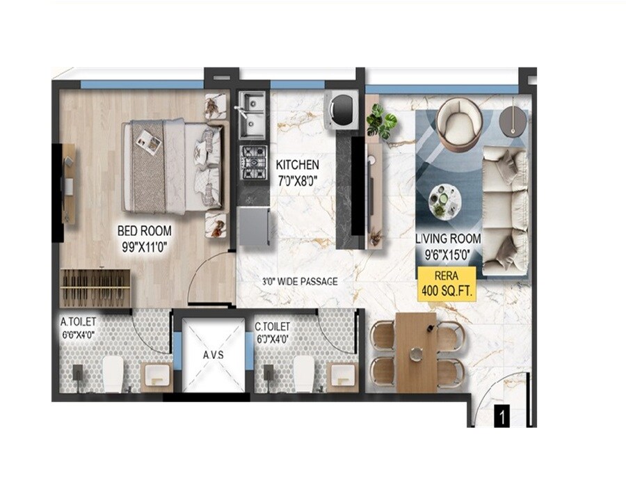 Floor plan of 1 BHK 400 Sq. Ft. Apartment in DTG Azure, Mumbai