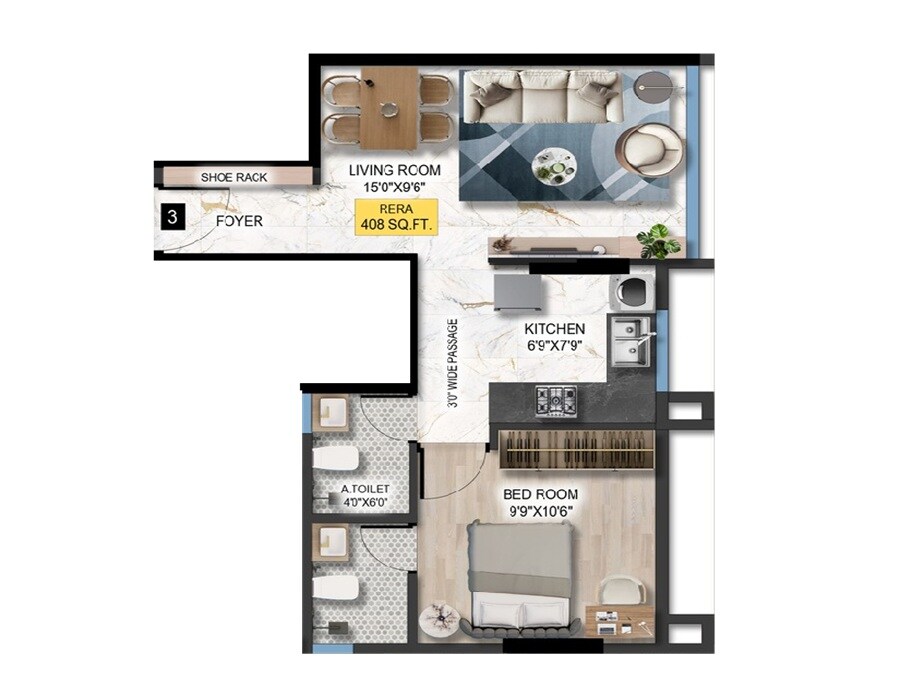 Floor plan of 1 BHK 408 Sq. Ft. Apartment in DTG Azure, Mumbai