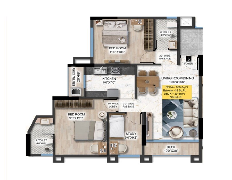 Floor plan of 3 BHK 702 Sq. Ft. Apartment in DTG Azure, Mumbai