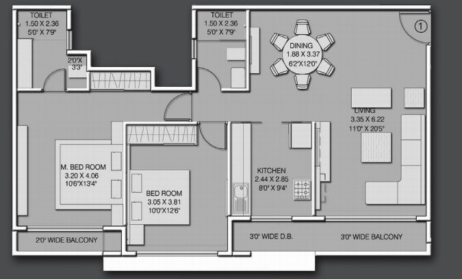 Floor plan of 2 BHK 867 Sq. Ft. Apartment in Dudhawala Proxima Residences, Mumbai