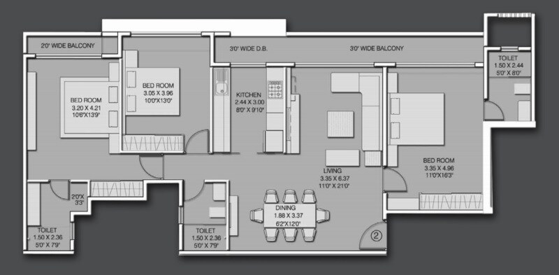 Floor plan of 3 BHK 1072 Sq. Ft. Apartment in Dudhawala Proxima Residences, Mumbai