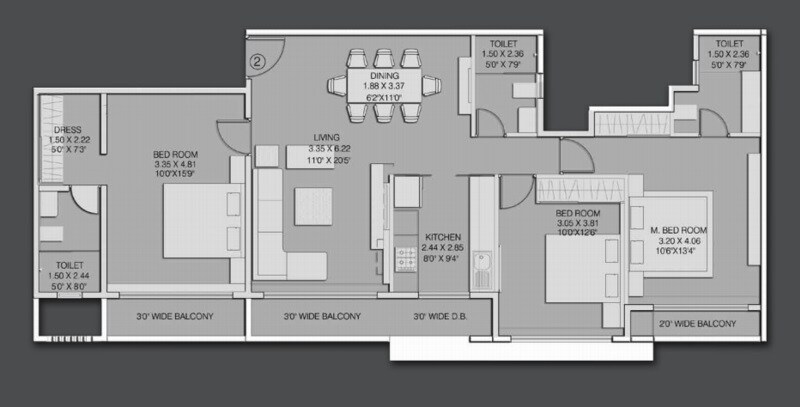 Floor plan of 3 BHK 1343 Sq. Ft. Apartment in Dudhawala Proxima Residences, Mumbai