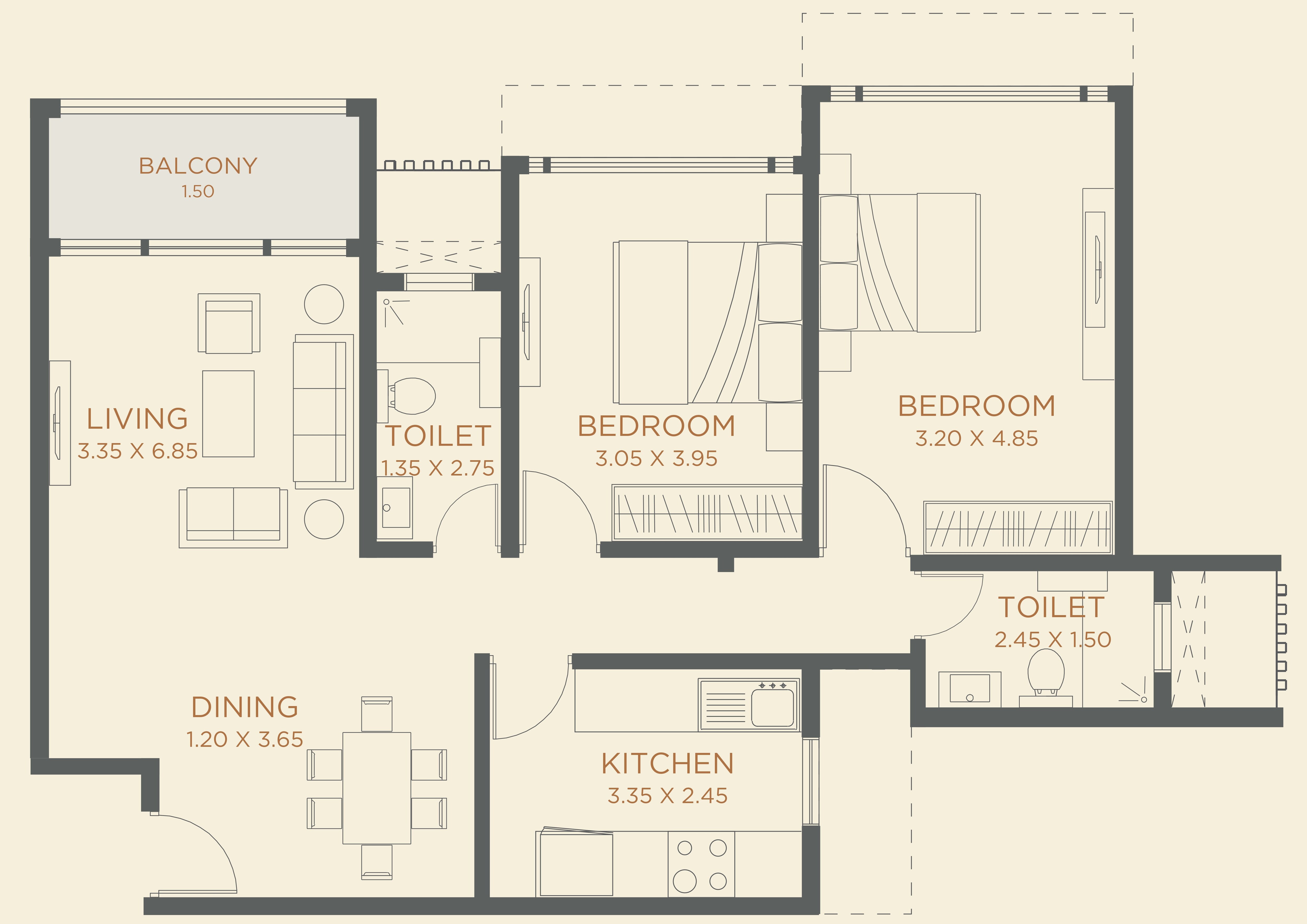 Floor plan of 2 BHK 957 Sq. Ft. Apartment in Dudhwala Aqua Gem, Mumbai