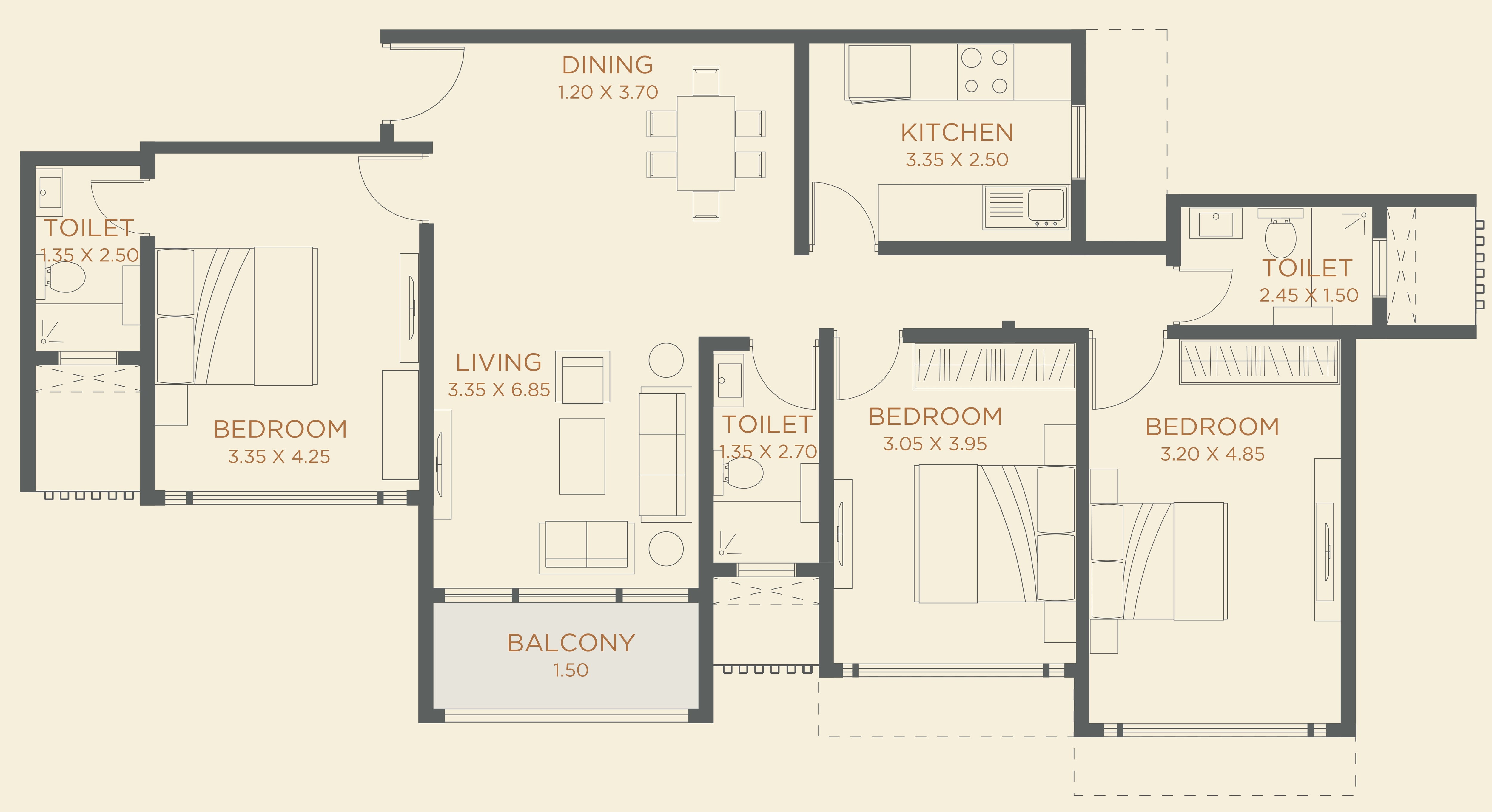 Floor plan of 3 BHK 1080 Sq. Ft. Apartment in Dudhwala Aqua Gem, Mumbai