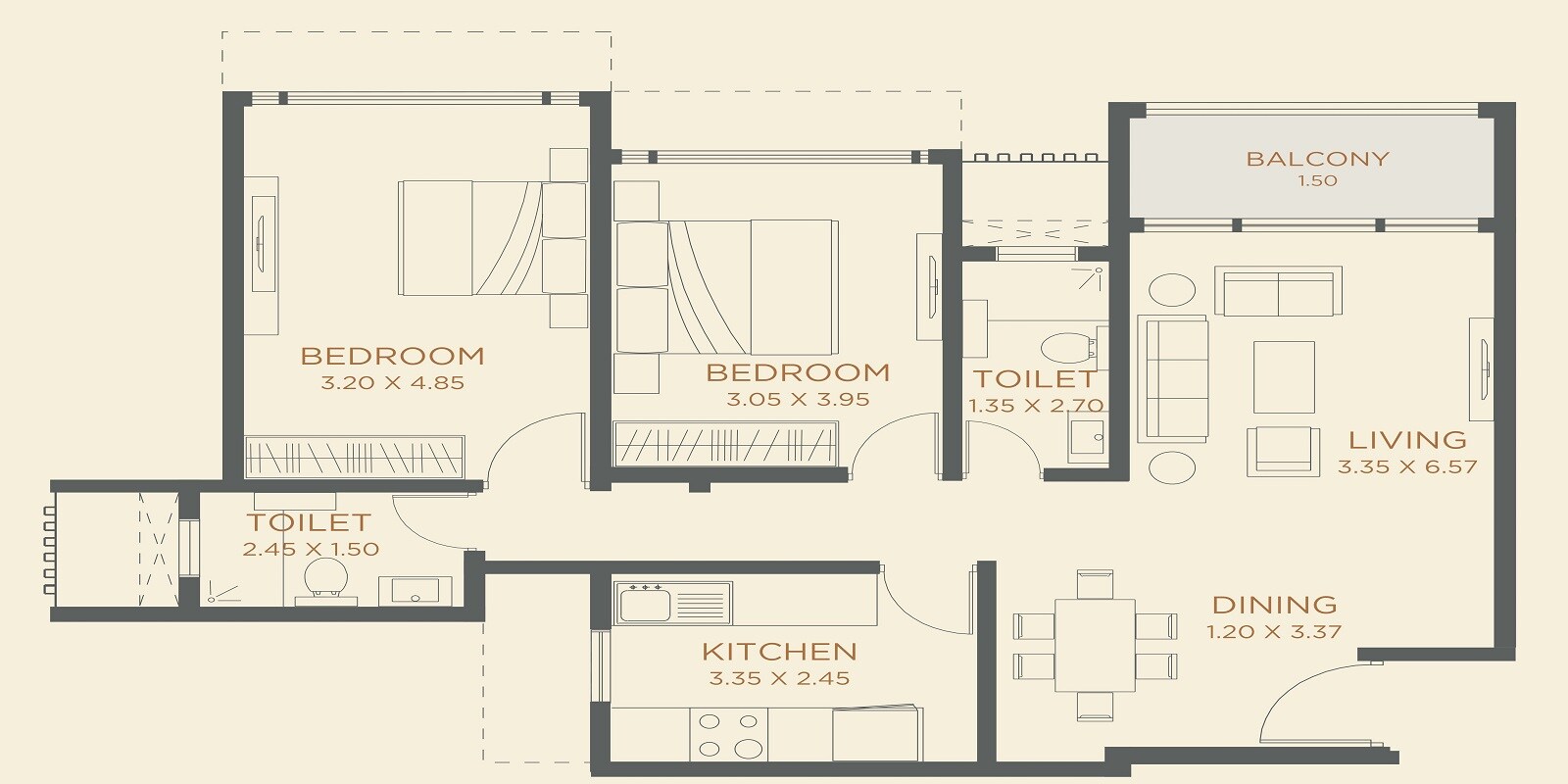 Floor plan of 2 BHK 785 Sq. Ft. Apartment in Dudhwala Aqua Gem Tower, Mumbai