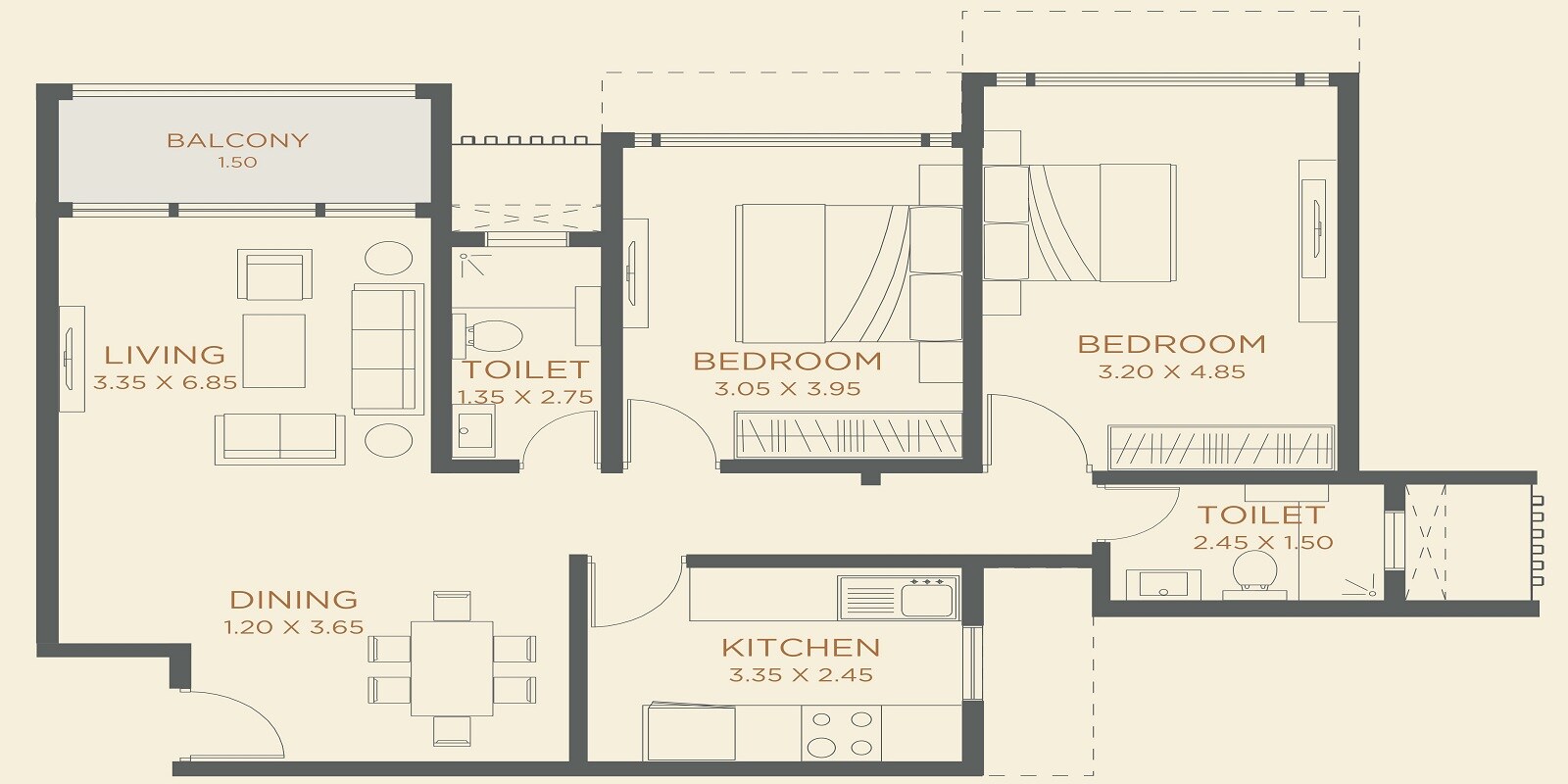 Floor plan of 2 BHK 957 Sq. Ft. Apartment in Dudhwala Aqua Gem Tower, Mumbai