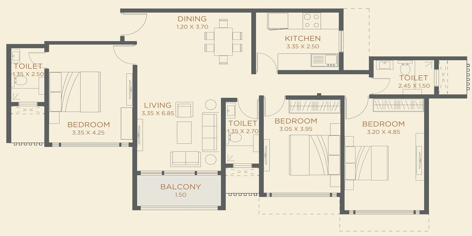 Floor plan of 3 BHK 1080 Sq. Ft. Apartment in Dudhwala Aqua Gem Tower, Mumbai