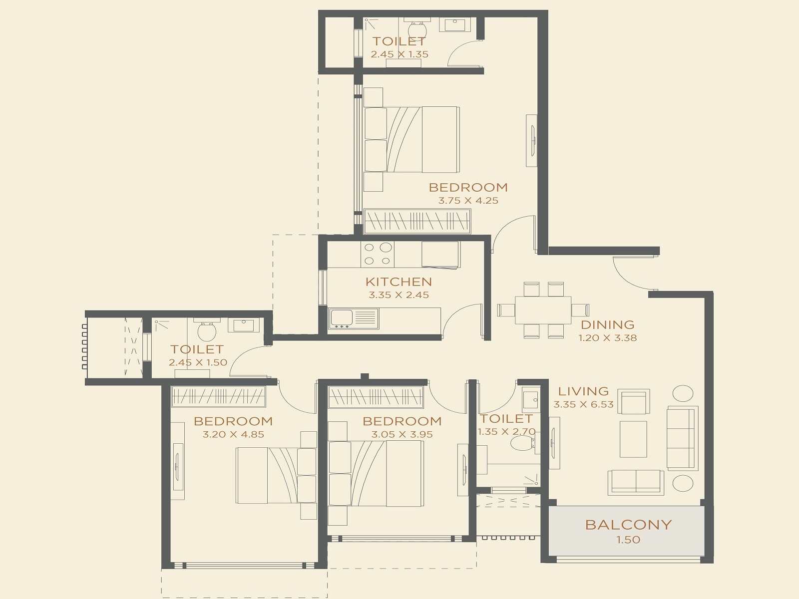 Floor plan of 3 BHK 1161 Sq. Ft. Apartment in Dudhwala Aqua Gem Tower, Mumbai