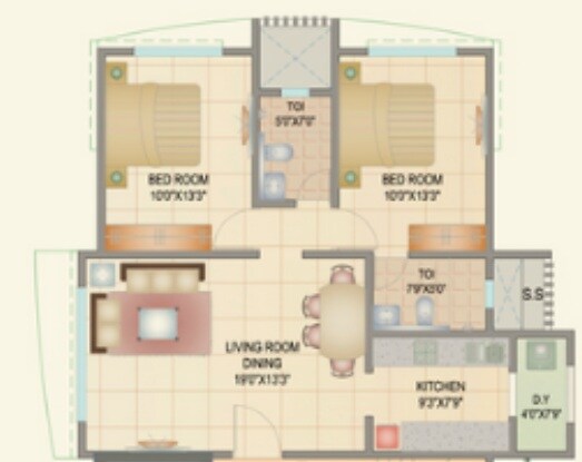 Floor plan of 2 BHK 719 Sq. Ft. Apartment in Dudhwala Fifty One East, Mumbai